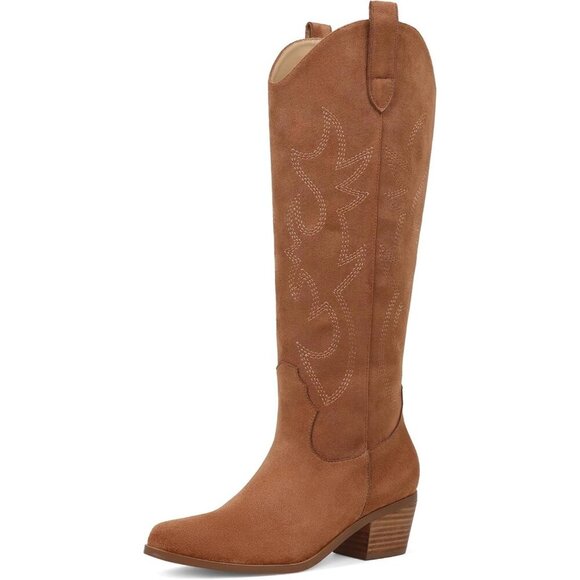 Shoes - Women Embroidered Pull-On Chunky Stacked Heel Knee High Western Boots Yellow